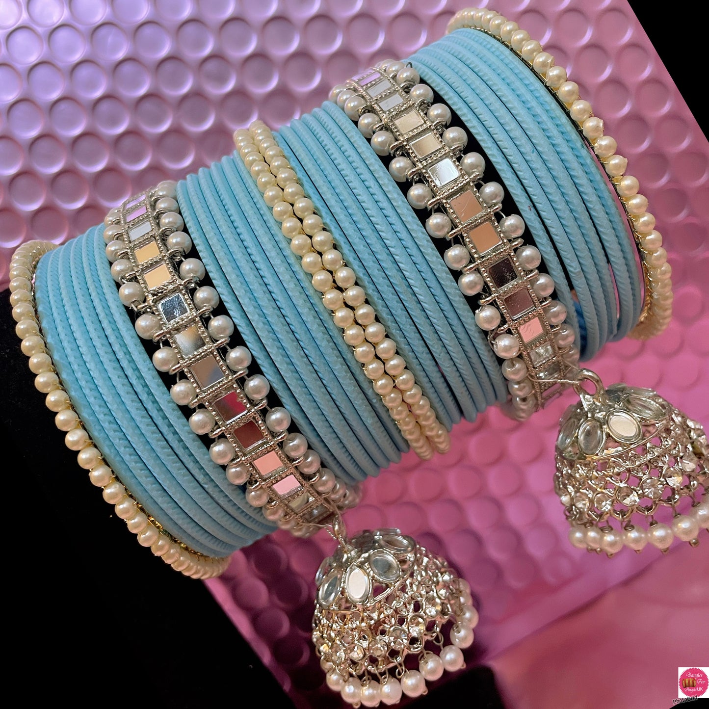 Silver Polki Hanging Pearl Metal Bangles Set- Baby Blue