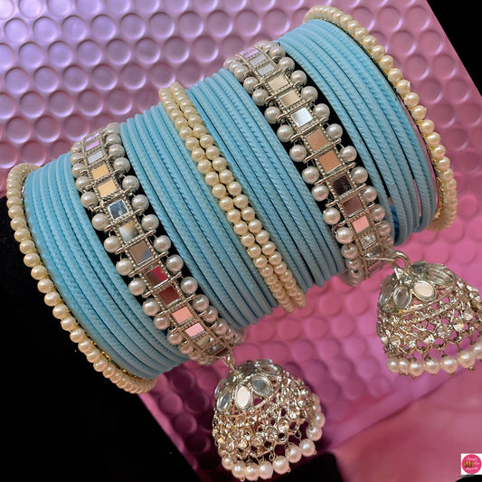 Silver Polki Hanging Pearl Metal Bangles Set- Baby Blue