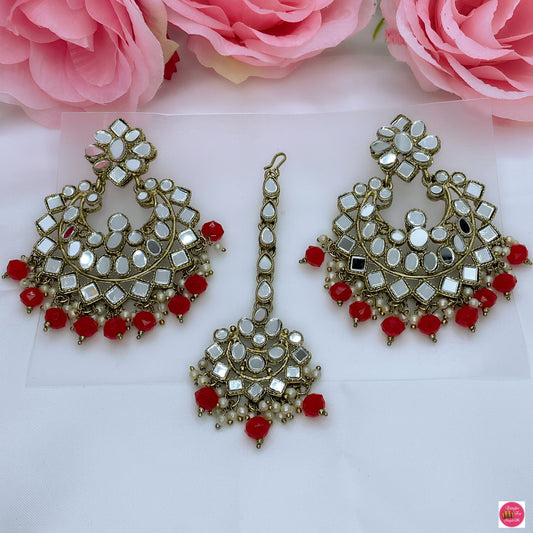 Mirror& Pearl Maang Tikka & Earings Set- Red