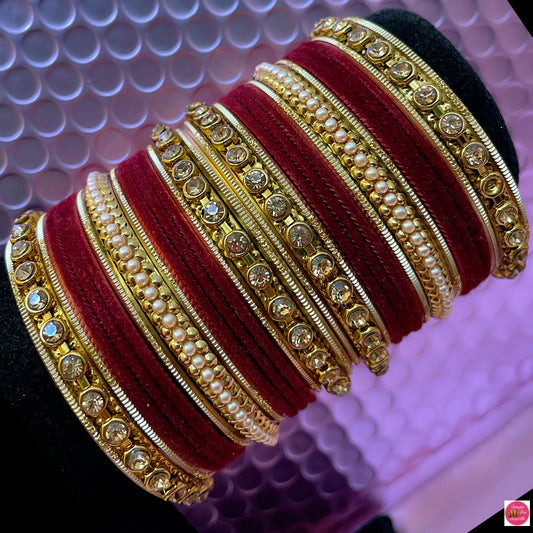 Gold Pearl Metal Bangles Set- Velvet Maroon