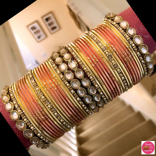 Kundan Metal Bangles Set- Peach