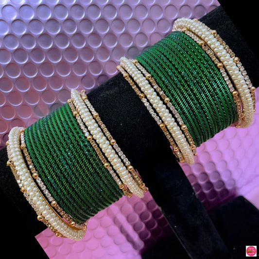 Pearl Zirconia Metal Bangles Set- Green