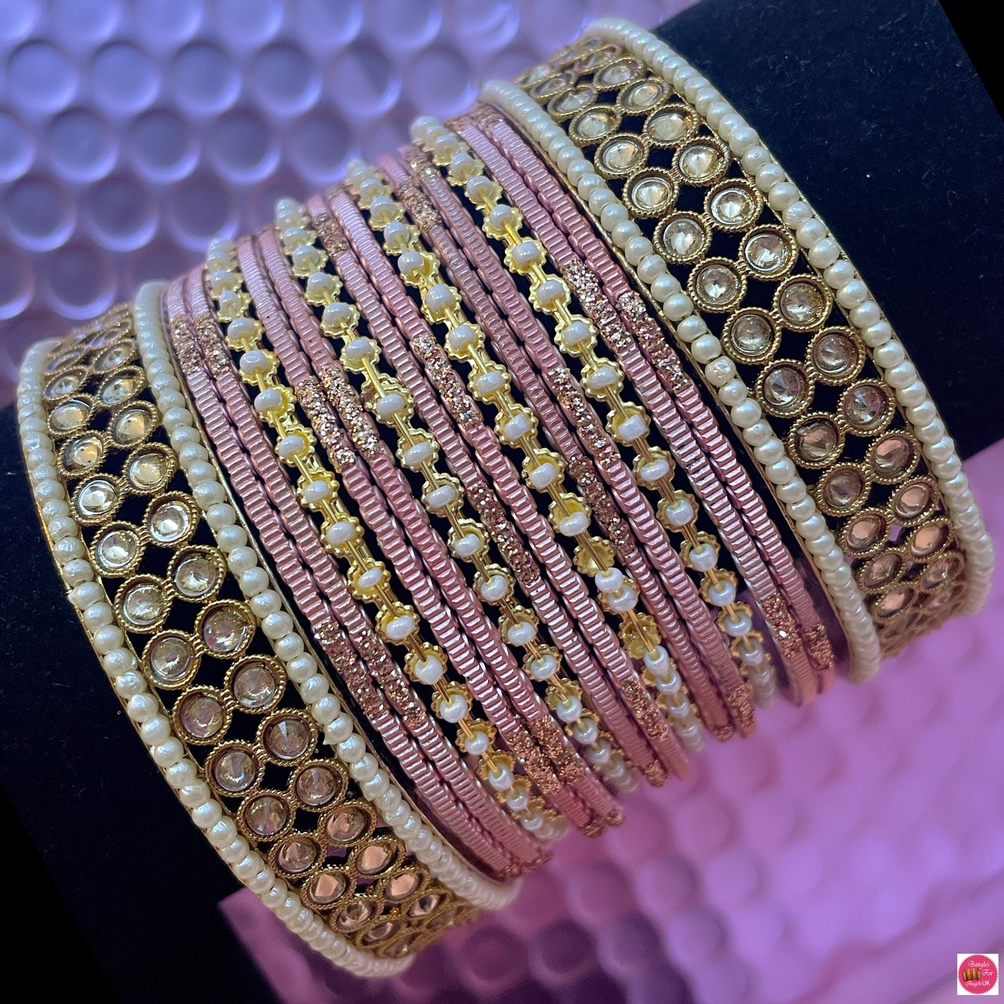 Kundan Pearl Metal Bangles Set- Tuscany Pink