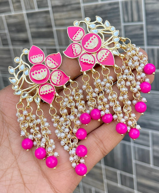 Pearl Kundan Flower Meenakari Earrings- Hot Pink