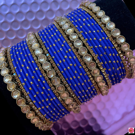 Kundan Zirconia Blue Metal Bangles Set- Size 2.10