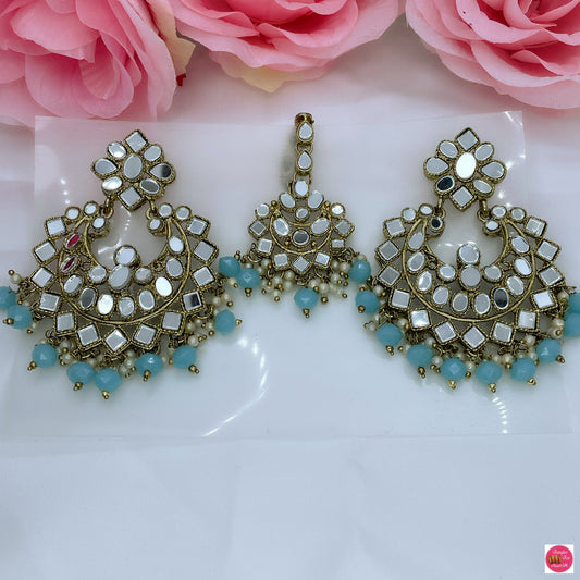 Mirror & Pearl Maang Tikka & Earings Set- Sky/Baby Blue