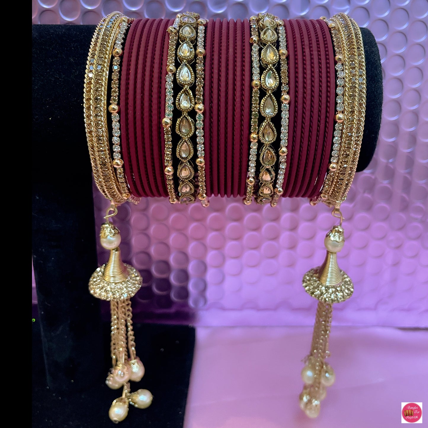 Zirconia Kundan Hanging Metal Bangles Set- Maroon