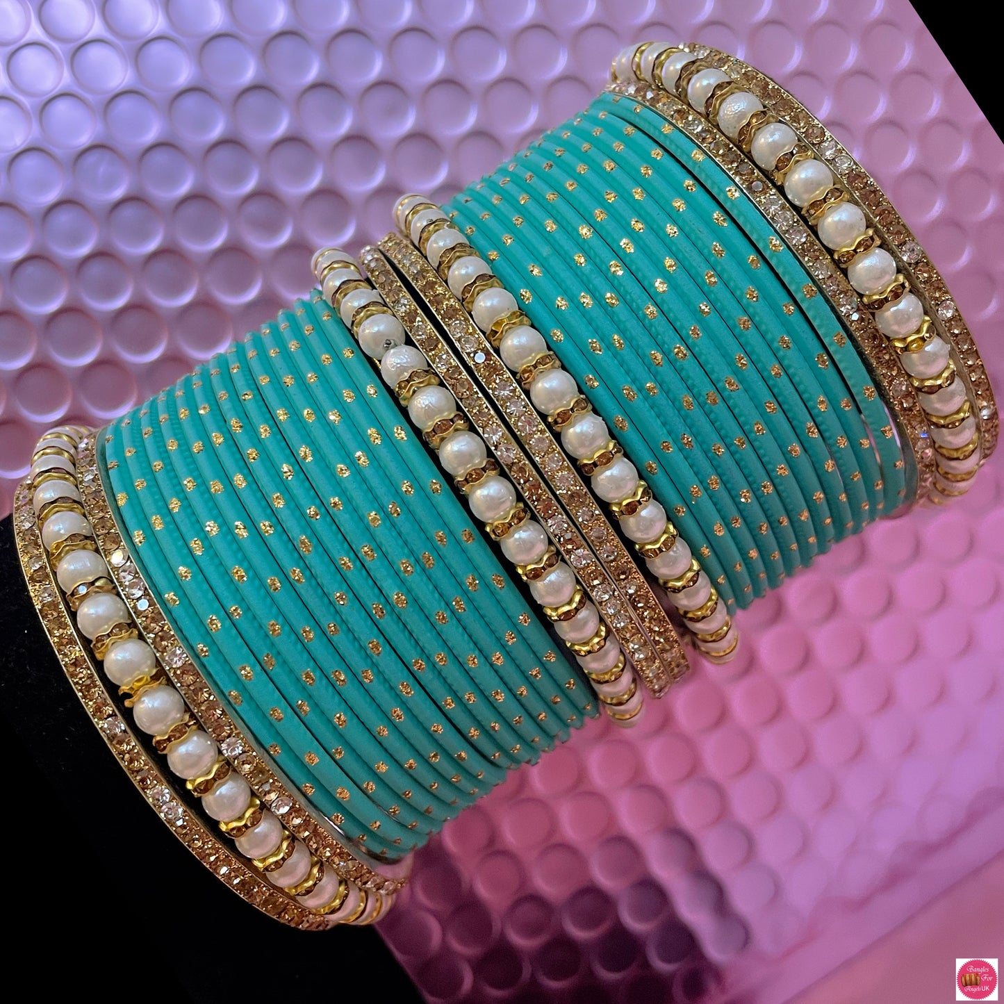 Pearl Metal Bangles Set- Sky Blue