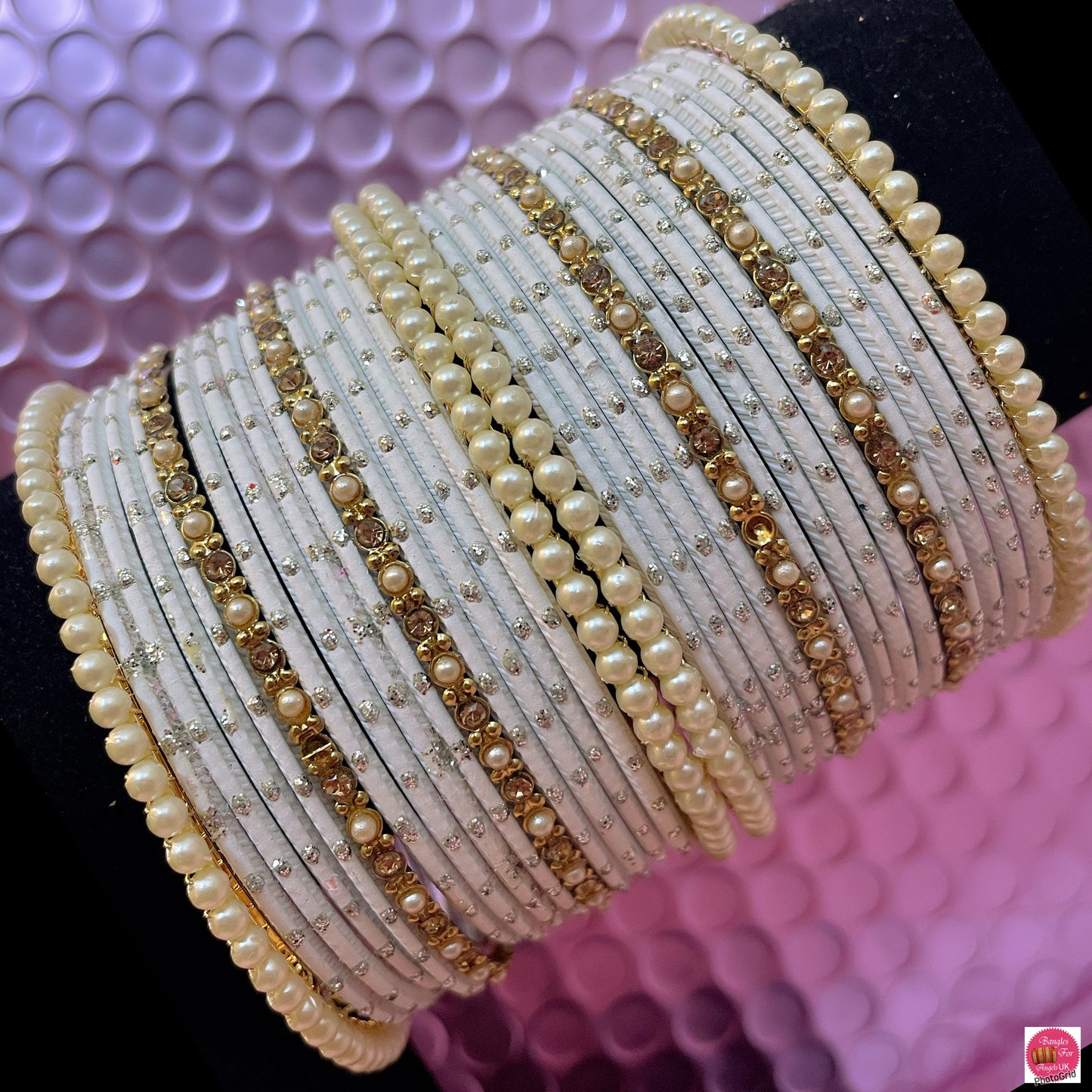 Pearl White Metal Bangles Set- Size 2.10