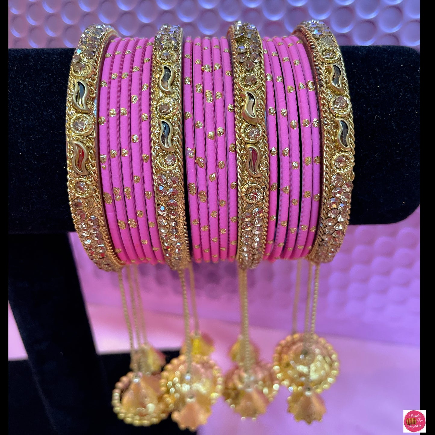 Gold Hanging Metal Bangle Set- Pink