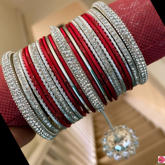 Silver Zirconia Hanging Metal Bangles Set- Red