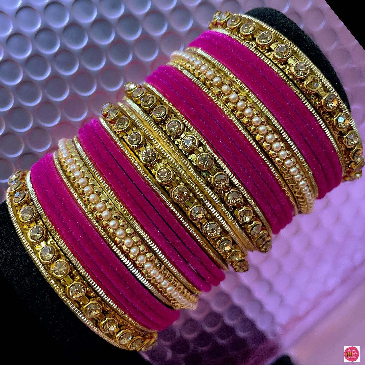 Gold Pearl Metal Bangles Set- Velvet Hot Pink