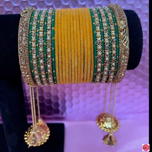 Gold Hanging Velvet Metal Bangles Set- Yellow/Green