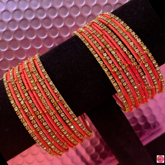 Zirconia Thread Metal Bangles Set- Coral