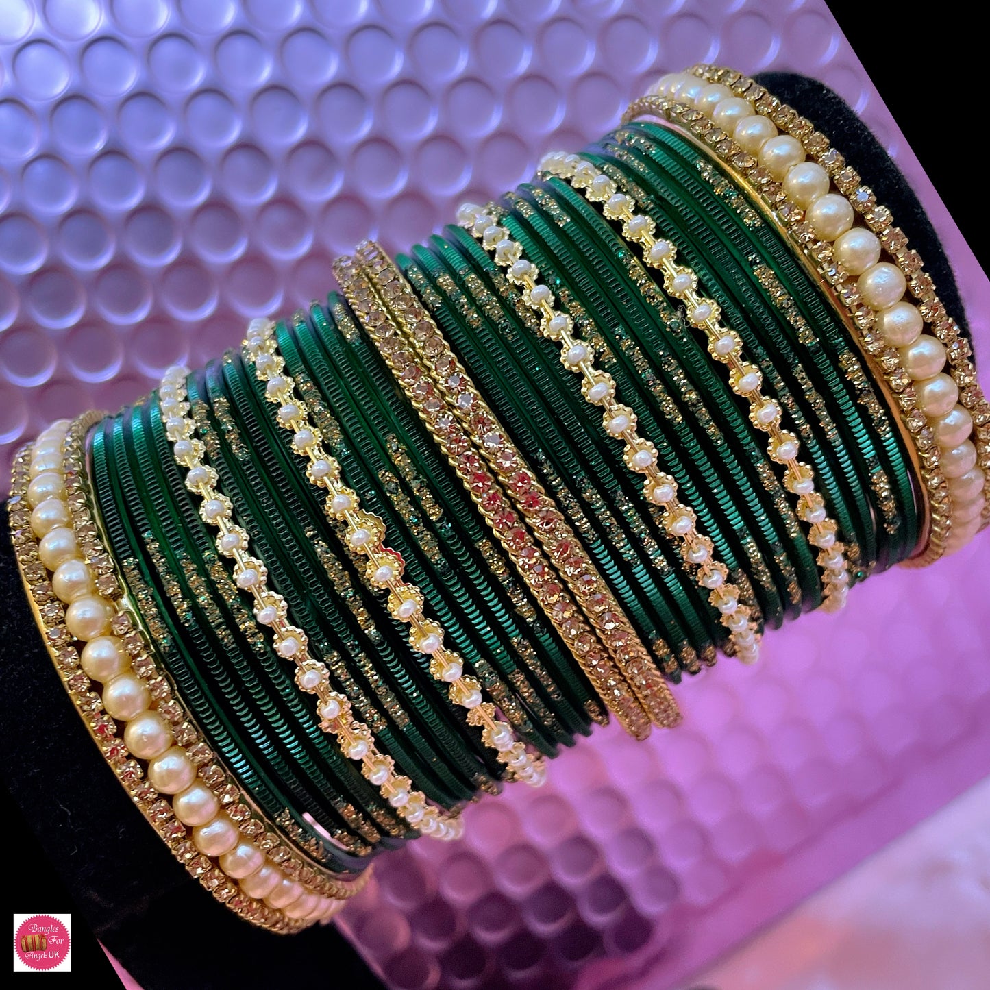 Pearl Metal Bangle Set- Green