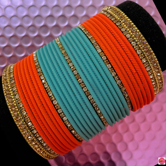 Gold Zirconia Metal Bangles Set- Turquoise & Orange