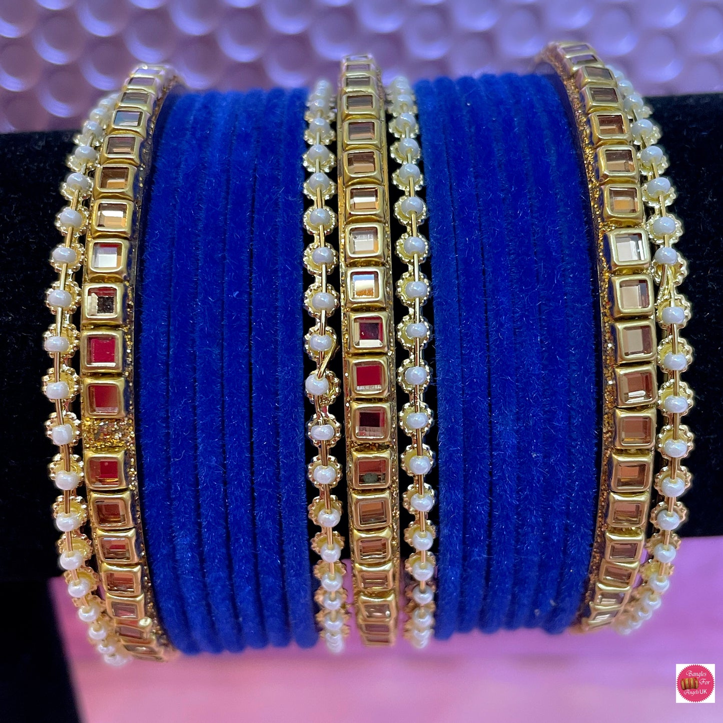 Pearl/Kundan Velvet Bangle Set- Royal Blue