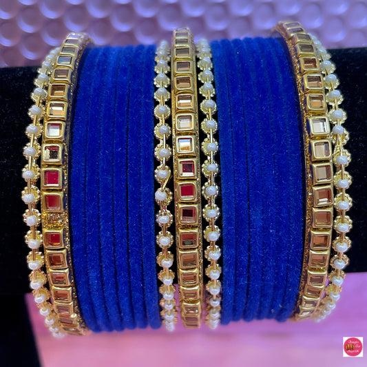 Pearl/Kundan Velvet Bangle Set- Royal Blue