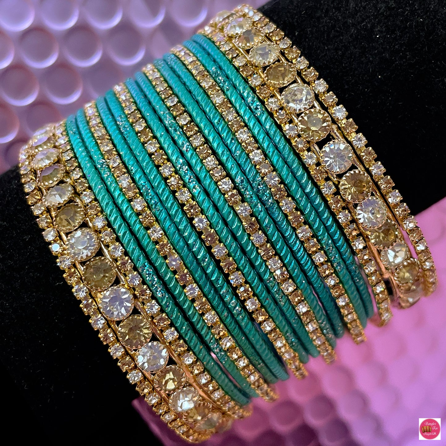 Zirconia Metal Bangles Set- Cyan