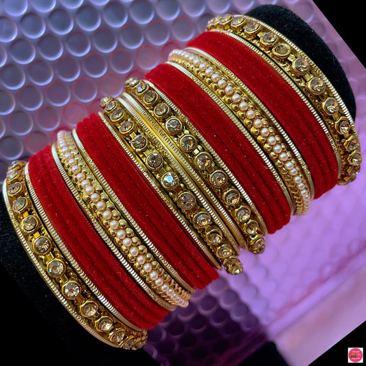 Gold Pearl Metal Bangles Set- Velvet Red