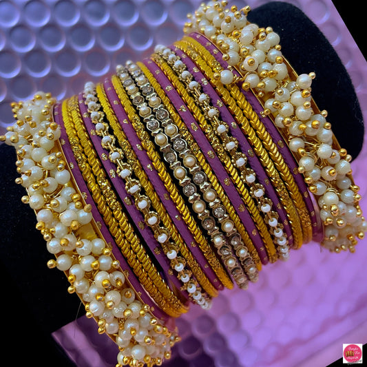 Pearl Metal Bangles Set- Yellow/Purple