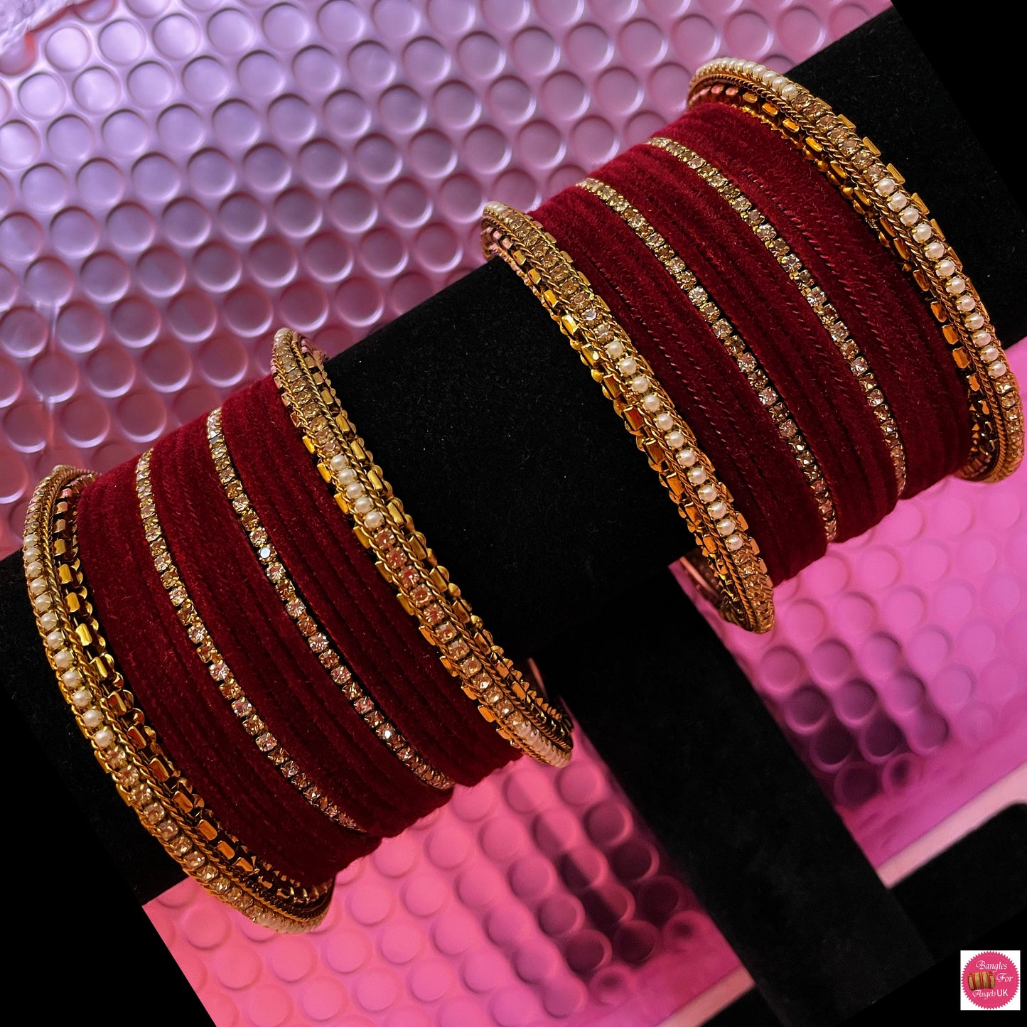 Gold Zirconia Velvet Bangle Set- Maroon