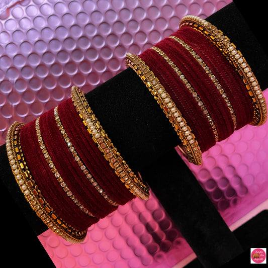 Gold Zirconia Velvet Bangle Set- Maroon