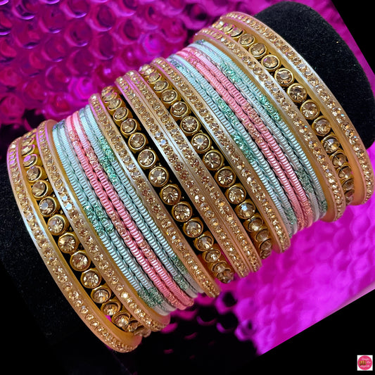 Gold Zirconia Metal Bangles Set- Pink/Mint Green