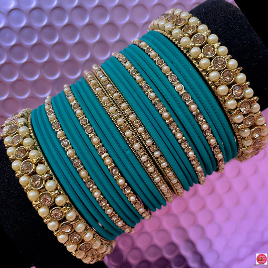 Pearl Gold Metal Bangles Set- Teal