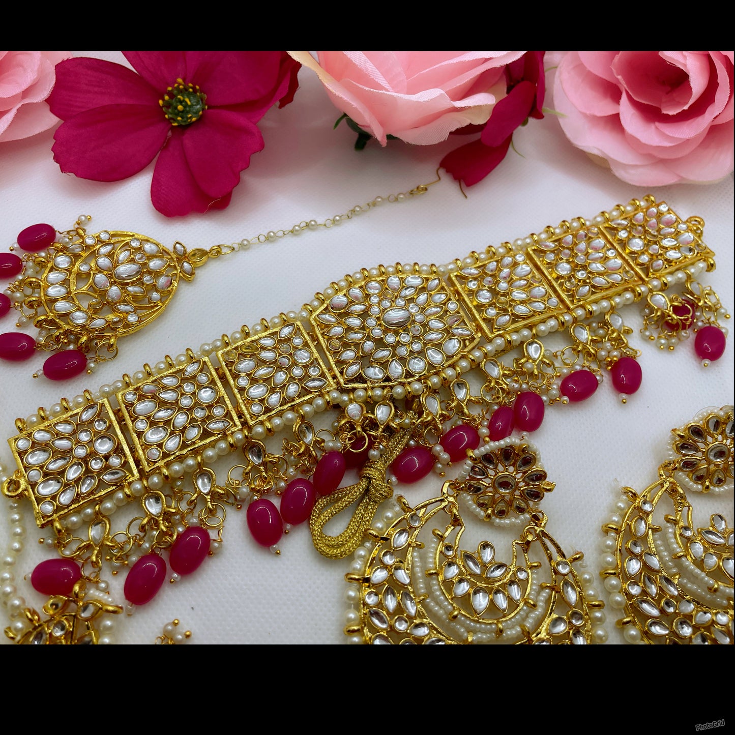 Kundan Choker/Necklace Earings Maang Tikka Paasha Set- Hot Pink