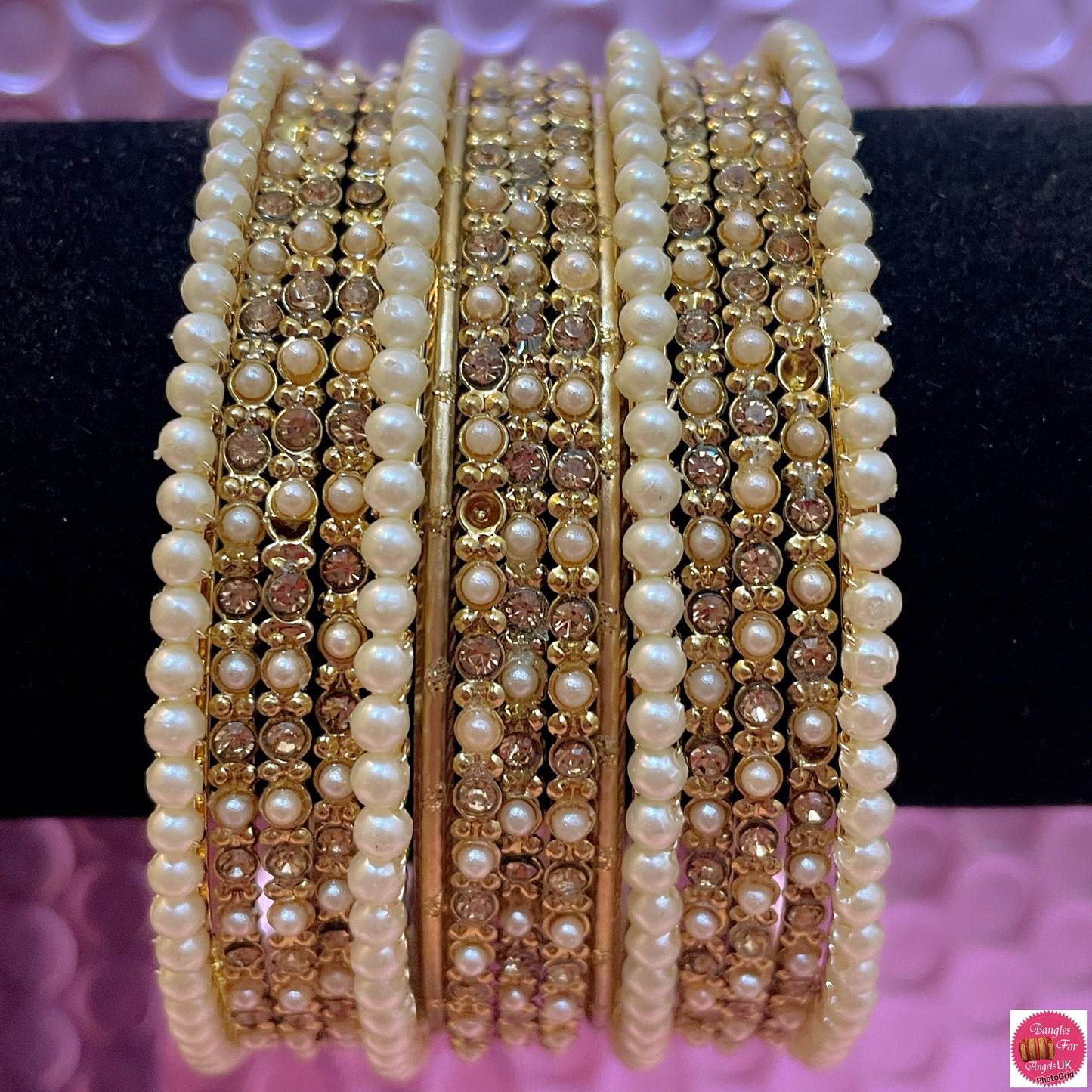 Pearl Stone Metal Bangles Set- Size 2.10