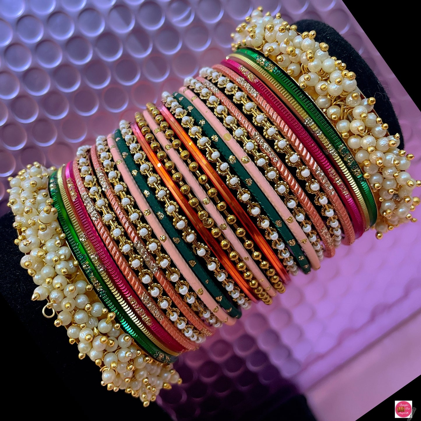 Multicoloured Mehendi Pearl Metal Bangles Set