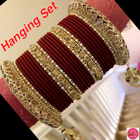 Gold Hanging Zirconia Bangles Set- Maroon