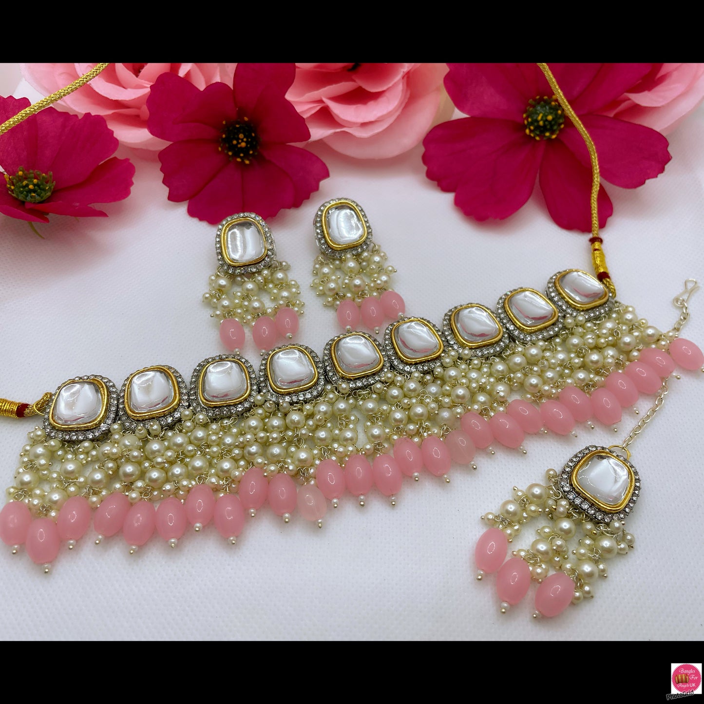 Kundan Pearl Choker, Earings & Maang Tikka Set- Light Pink