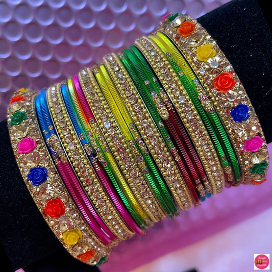 Multicoloured Flower Metal Bangle Set