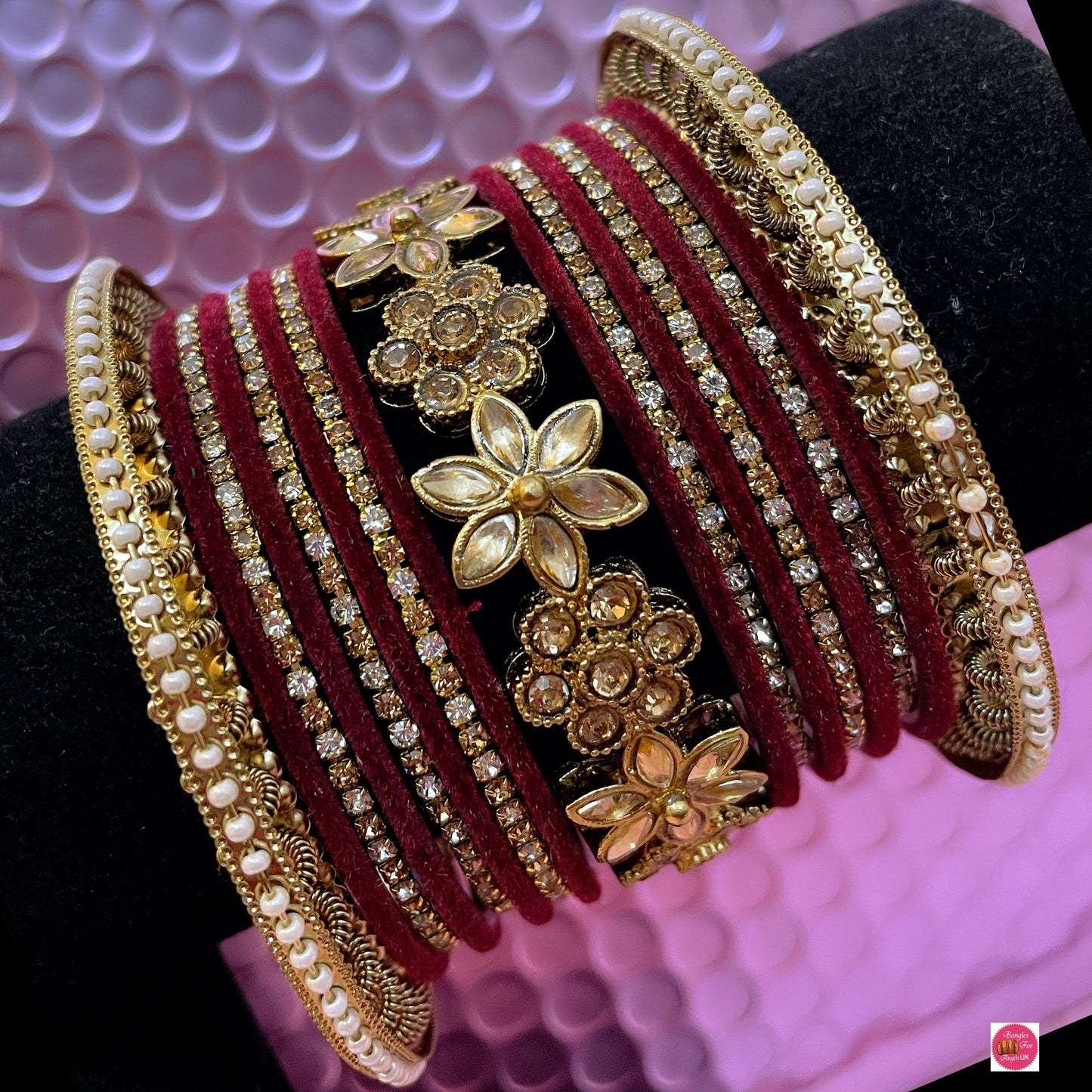 Kundan Zirconia Metal Bangles Set- Velvet Maroon