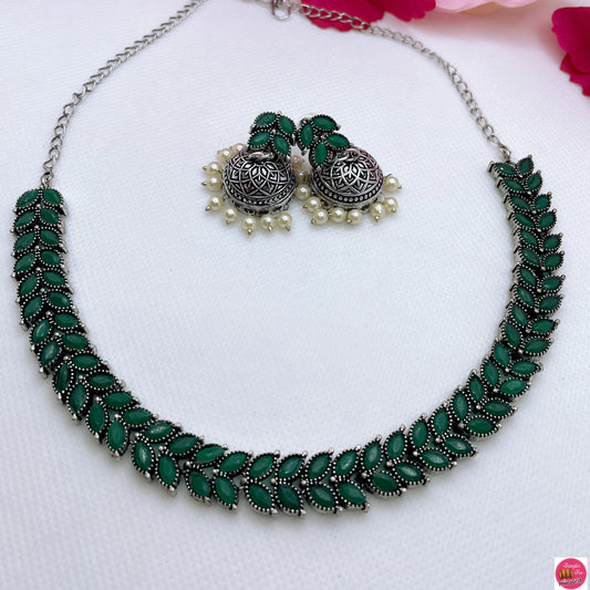 Oxidised Necklace & Earings Set- Green