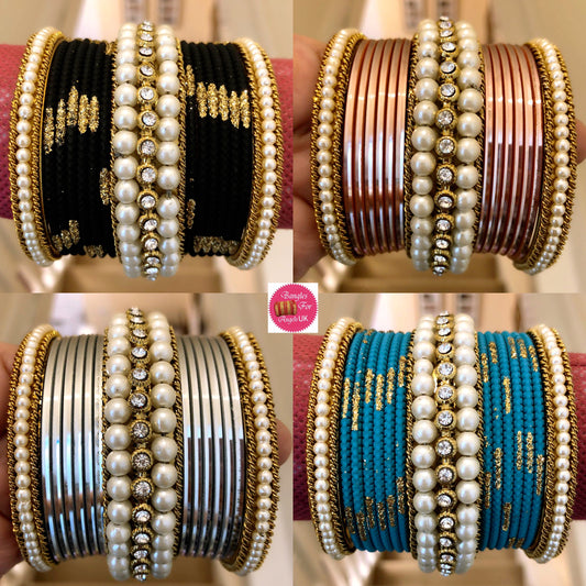 Pearl Metal Bangles Set- Multiple Colours