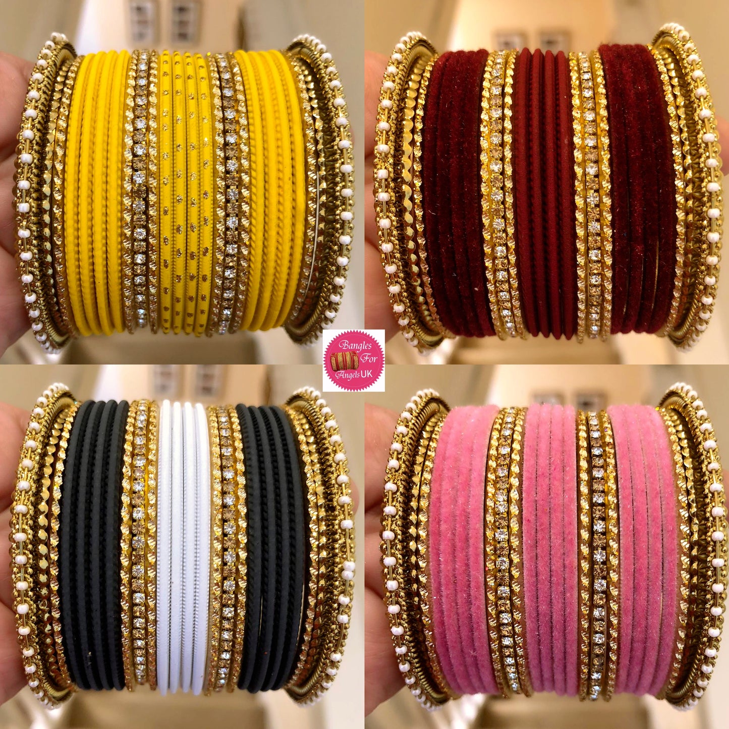 Pearl Zirconia Metal Bangles Set- Multiple Colours