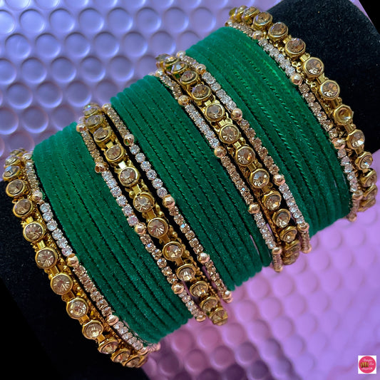 Gold Zirconia Velvet Metal Bangles Set- Green