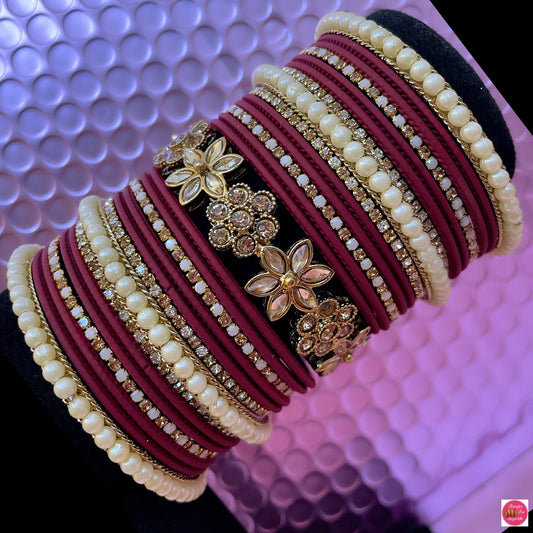 Kundan Pearl Metal Bangles Set- Maroon