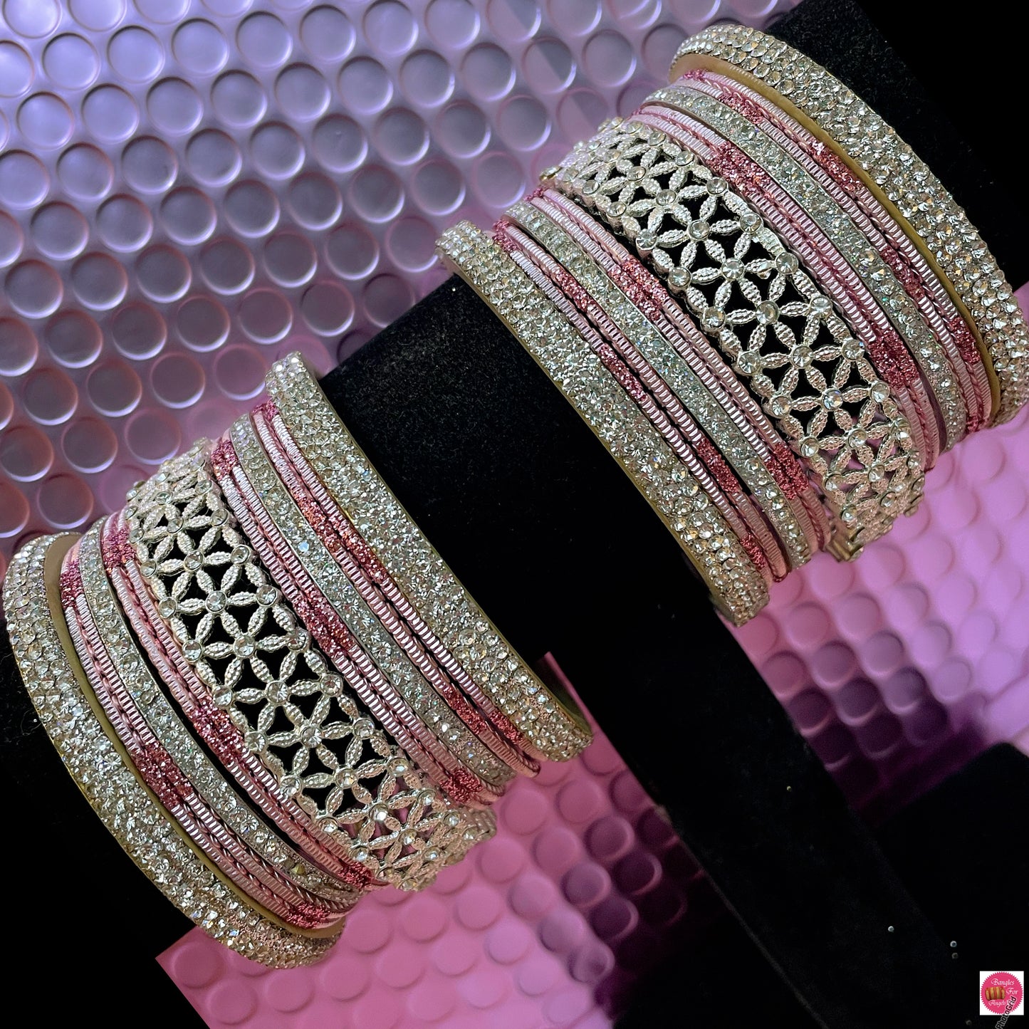 Silver Zirconia Metal Bangles Set- Light Pink