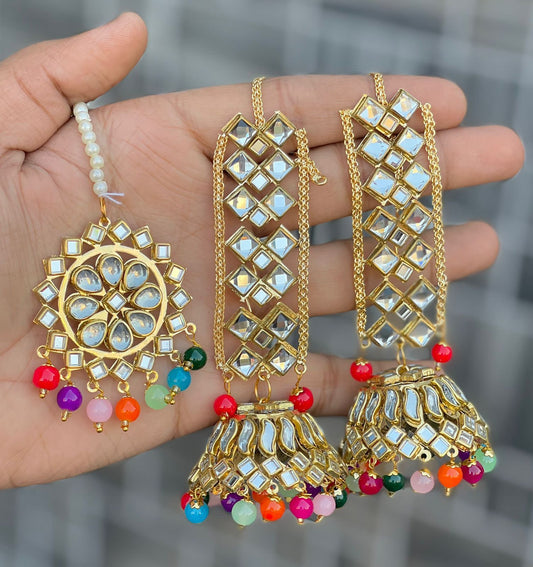 Kundan Maang Tikka & Earings Set- Multicoloured