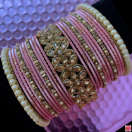 Kundan Pearl Metal Bangles Set- Peach Pink