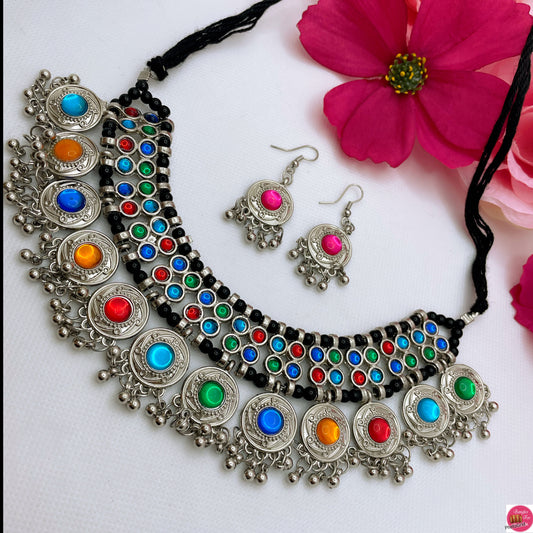 Multicoloured Oxidised Necklace & Earings Set