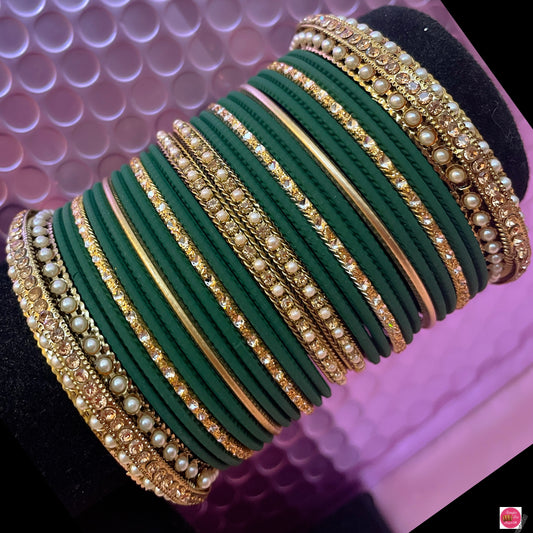 Pearl Metal Bangles Set- Green