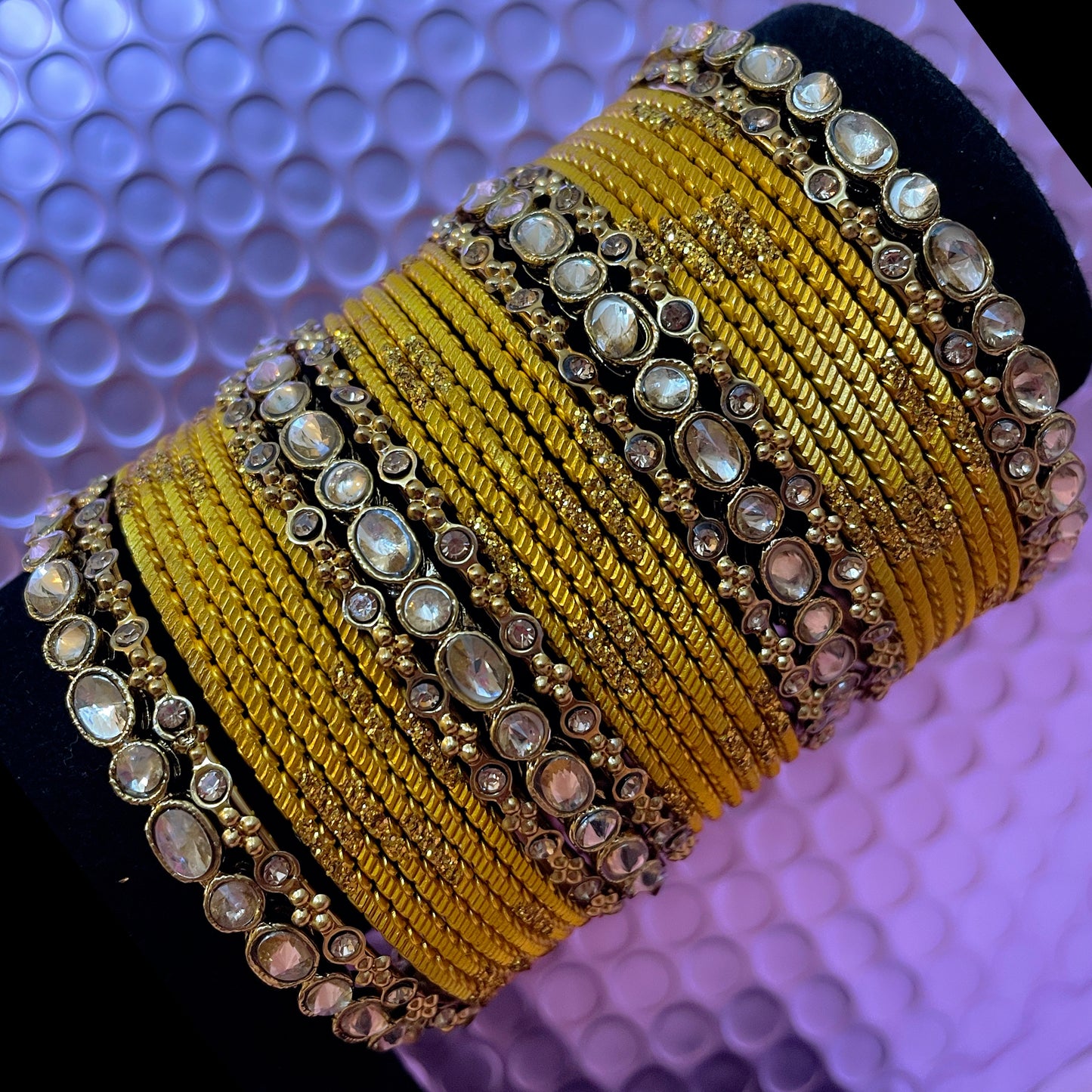 Kundan Metal Bangles Set- Mustard Yellow