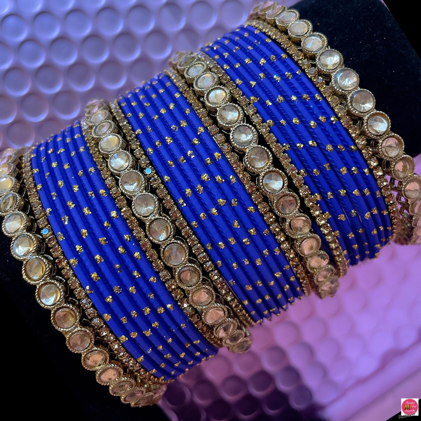 Kundan Zirconia Metal Bangles Set- Blue