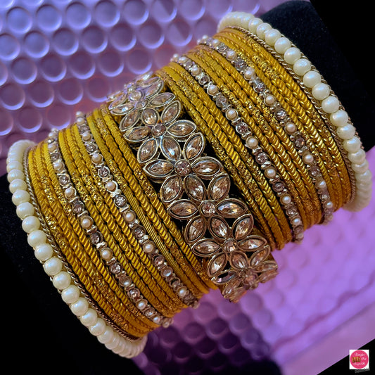 Kundan Pearl Metal Bangles Set- Mustard Yellow