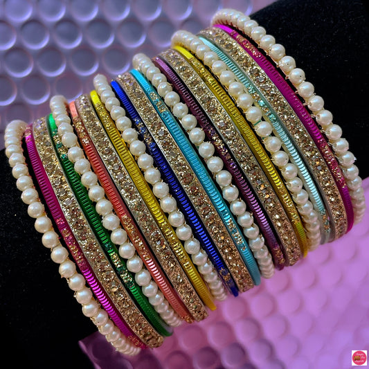 Multicoloured Pearl Metal Bangles Set